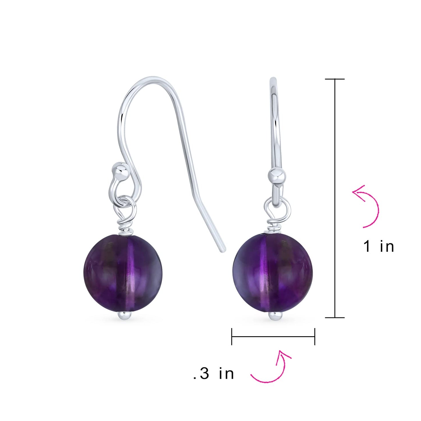Bling Jewelry .925 Sterling Silver Black Onyx Quartz Pink Purple Amethyst Bead 8mm Dangle Ball Drop Earrings For Women French Fish Hook Wire (Set of 3) Genuine Gemstone