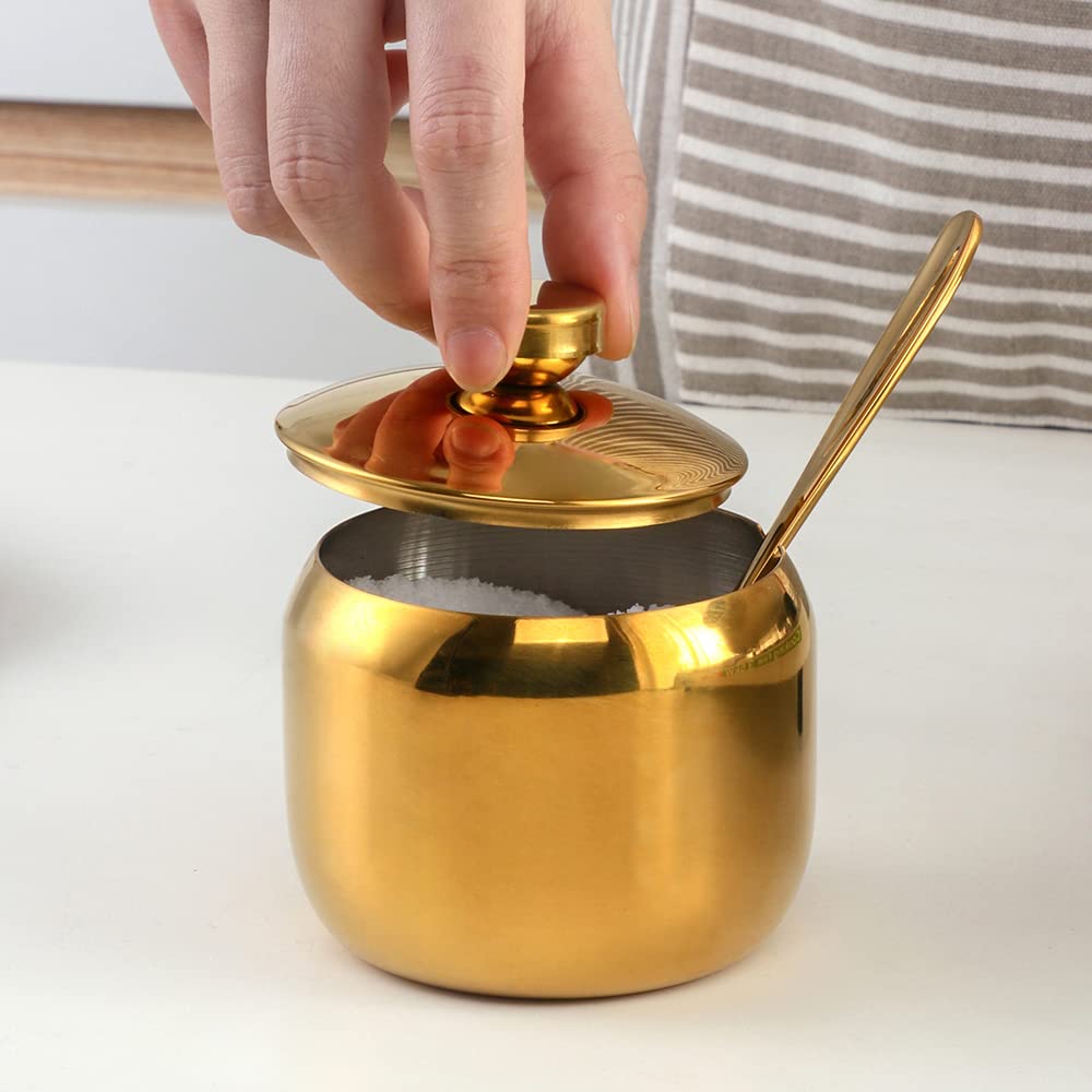 Color ME! Stainless Steel Condiment Pots Color Me Kitchen Condiment Jars with Lids and Spoons Shatterproof Metal Seasoning Jars for Home and Restaurant, Large Capacity, (11.84 Oz), Gold