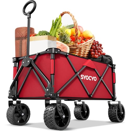 SYOCYO Collapsible Folding Wagon Cart, Heavy Duty Wagon Foldable with 330lbs Weight Capacity, Utility Garden Cart, Beach Wagons with All-Terrain Wheels for Camping, Sports, Shopping, Red