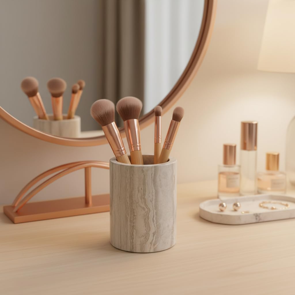 EEJHJNZZ Natural Marble Pen Holder for Desk, Handmade Organizer for Stationery & Makeup Brushes, Sturdy, Classic Grey Office Desk Decor and Gift Idea