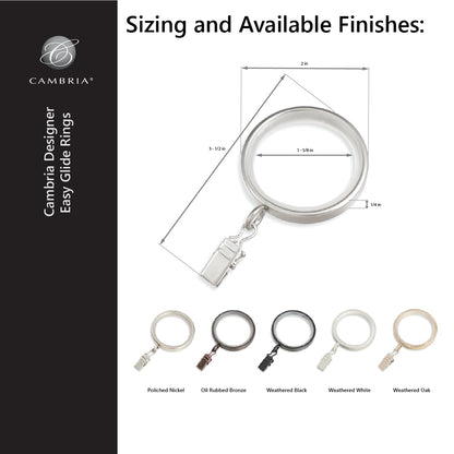 MODE Cambria Designer Series - Premium Easy Glide 18 Count Curtain Rings - Metal with Smooth, Quiet Nylon Inserts with Clips - 2 inch Diameter (1-5/8 inch Inside Diameter) - Weathered Oak