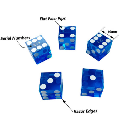 Yuanhe Set of 5 Grade AAA Precision 19mm Serialized Casino dice with Razor Edges and Corners - Blue …