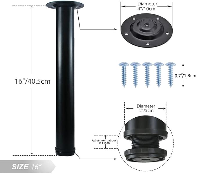 QLLY 16 Inch Adjustable Metal Coffee Table Legs, Heavy Duty Round Furniture Legs