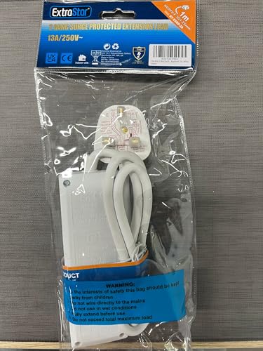 ExtraStar 2 Way Double Socket Power Mains Extension Lead 1M Metre Cable - Surge Protected British Approved 13A - White