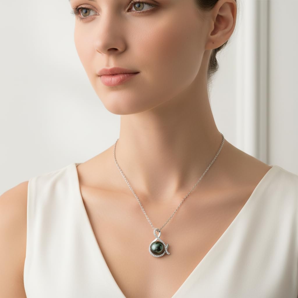 Tahitian Black Pearl Necklace for Women - Gift for Wife, Mom, Grandma, Jewelry Gifts for Wedding Anniversary Birthday Christmas, 10-11mm Seawater Pearl with Sterling Silver Moissanite Infinity Pendant