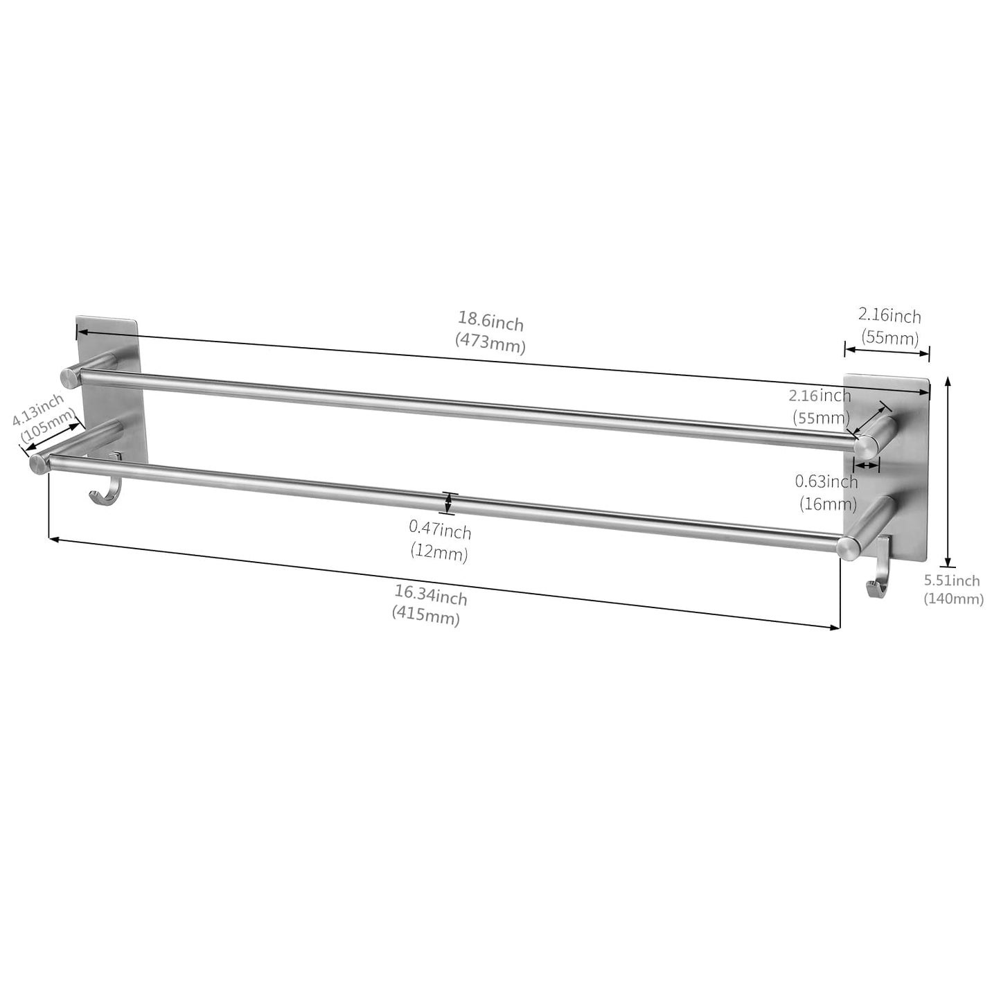 JS Towel Rail Self Adhesive Towel Holder Hanger SUS304 Stainless Steel Towel Rack 43.5cm/17.1 inch Anti-rust Dual Rod Towel Shelf Bar with 2 Hooks Multi-Function for Bathroom Shower Kitchen