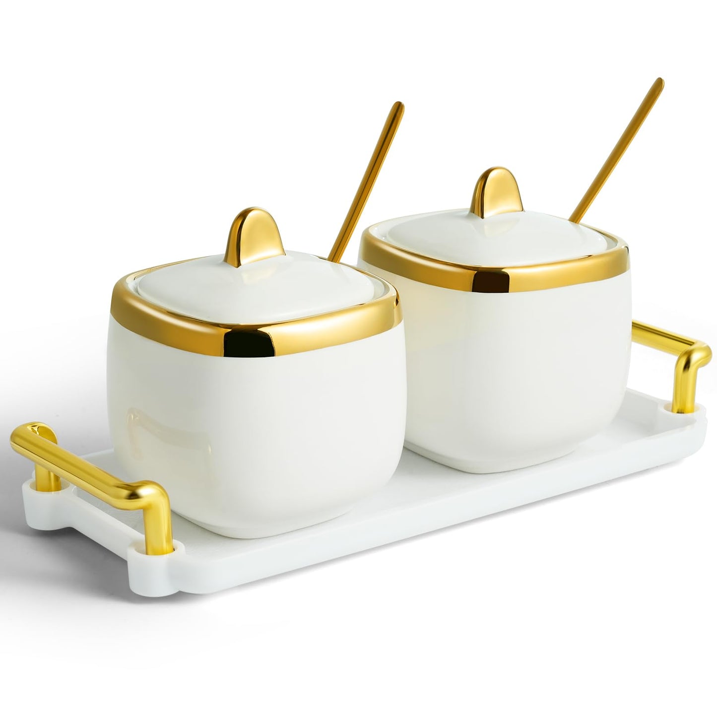 EABOSON Ceramic Sugar Bowl 2 Pack, Porcelain Seasoning Jar with Tray, Spoon and Lid for Sugar, Pepper, Coffee, Spice, Salt (Gold)
