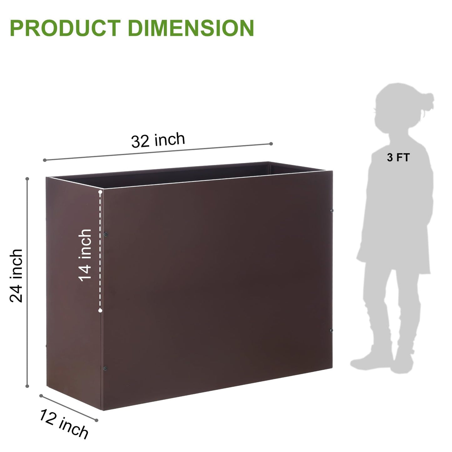 BAYN Metal Rectangular Planter Box Tall Planters for Outdoor Plants Modern Heavy Duty with Drainage Holes for Outside Indoor Patio Deck - Brown, 32”x 12”x 24”