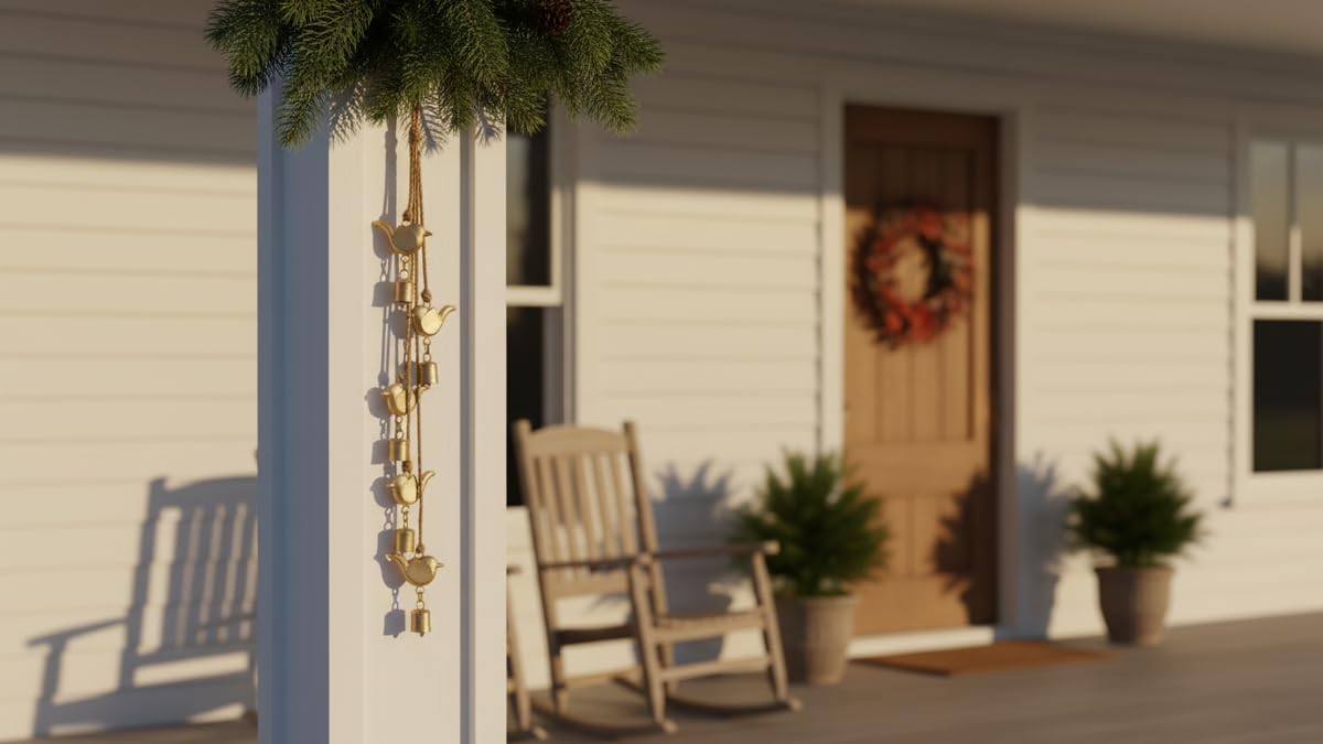 Rustic Gold Birds & Bells Garland with Rope Brass Rustic Handmade Metal Hanging Birds and Bells Cluster for Farmhouse Cow Bell Cluster Christmas, Holiday Garden Decor (5 Bird & 5 Bell String 27")