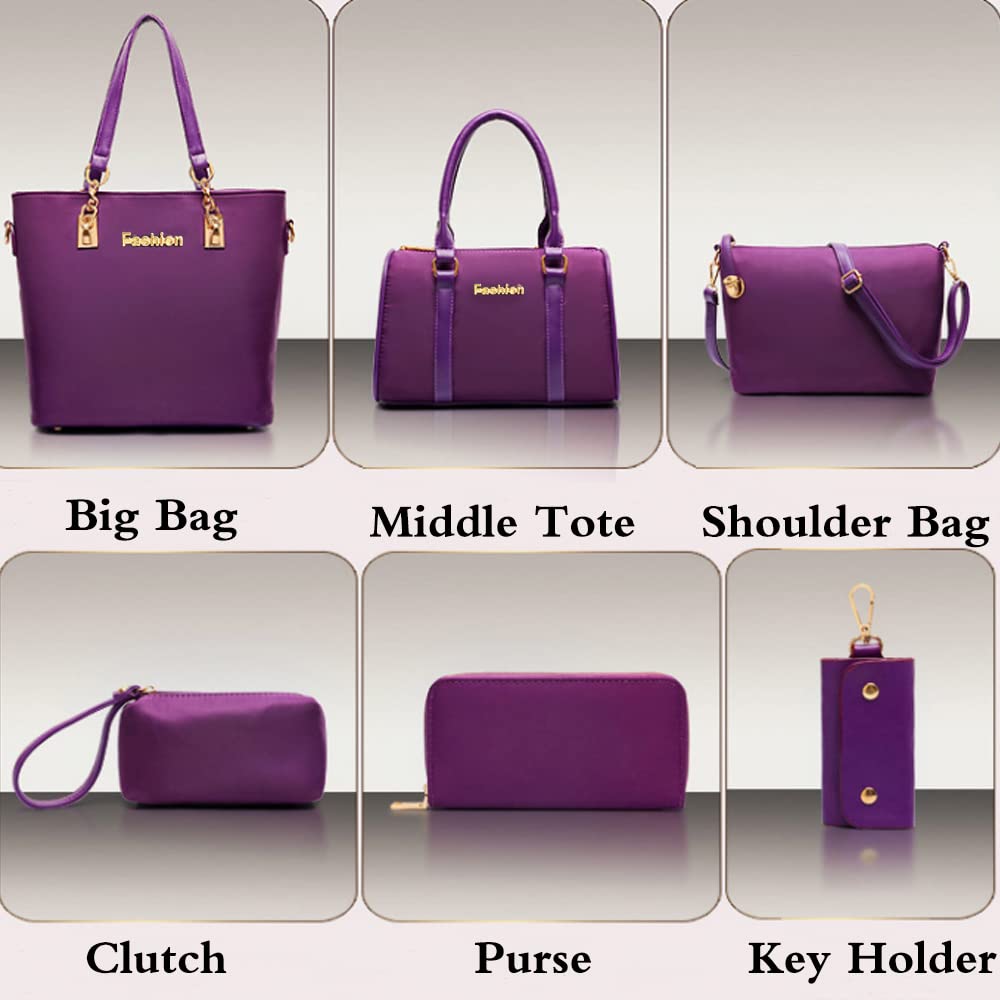 FiveloveTwo Women Ladies 6 Pcs Handbag Set Hobo Top Handle Bag Totes Satchels Crossbody Shoulder Bags and Purse Clutch Purple