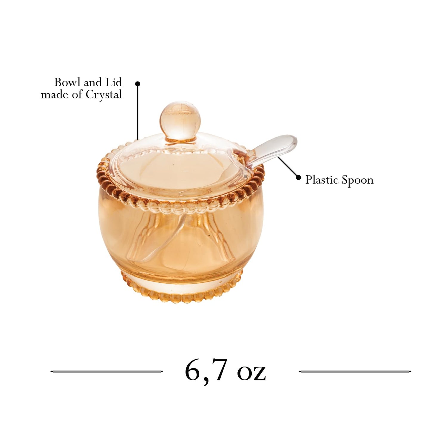 WOLFF - Pearl Crystal Beaded Sugar Bowl with Lid and Spoon - Sugar Holder, Dish for Candy Dispenser, Salt, Condiments and Spices, Jelly Jar (Amber, Sugar Bowl)