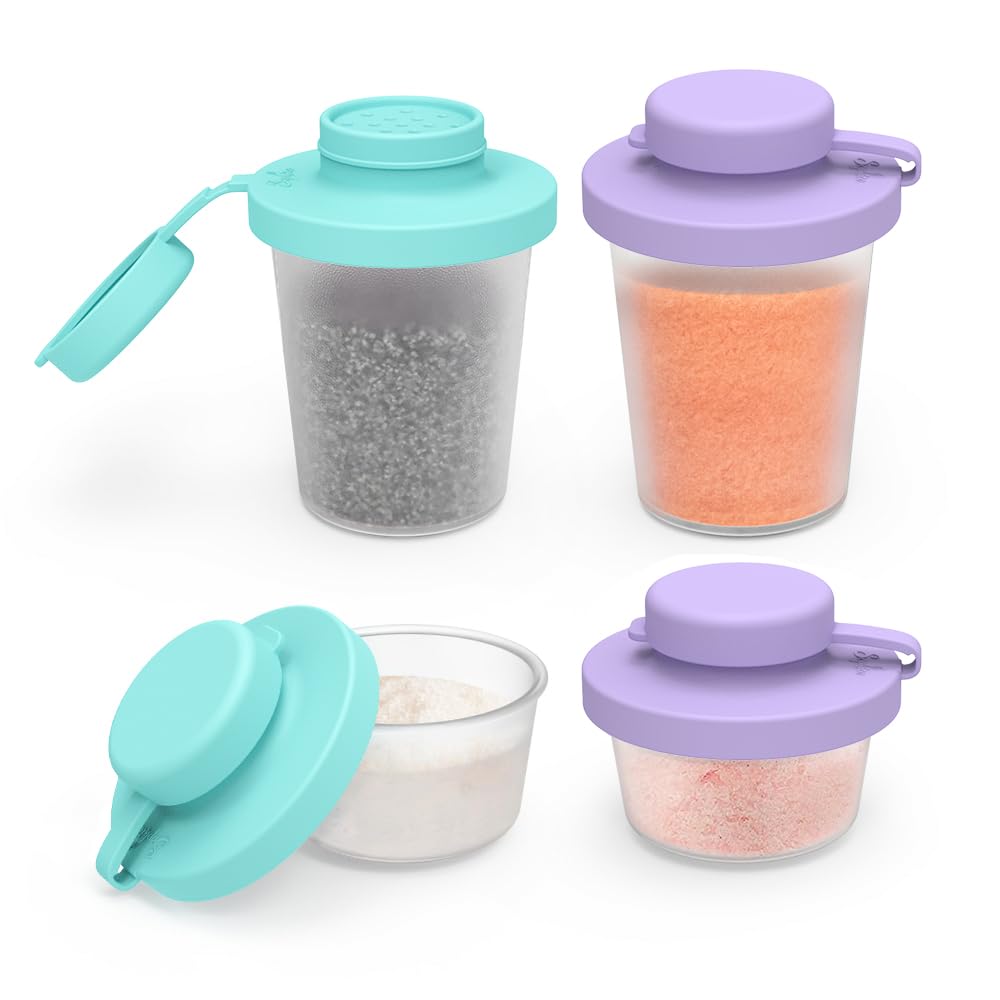 Sophico Small Salt and Pepper Shakers Set with Moisture Proof Sinlicone Lids, 4.5oz Mini Spice Shaker to go for Camping Travel Picnic Lunch Boxes (purple & blue, Small & Medium)