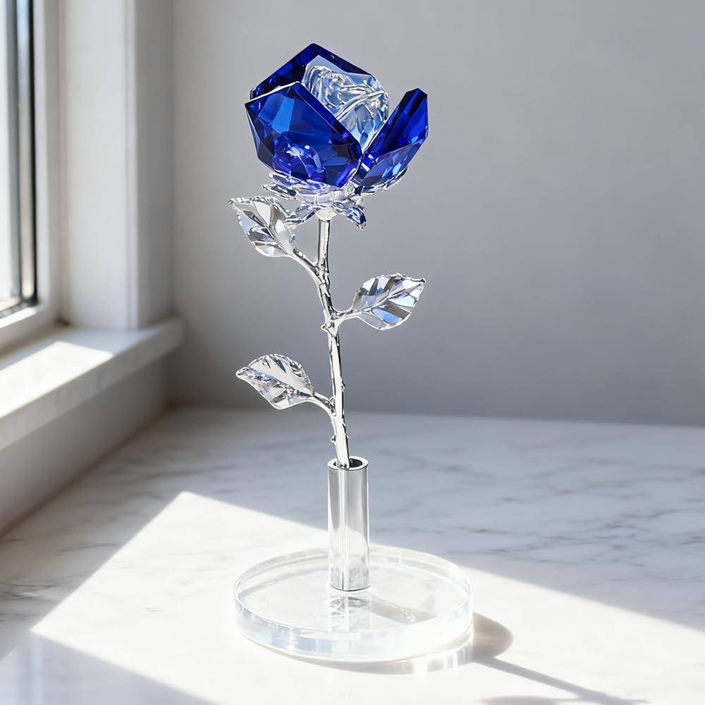 DLXK Crystal Flower Rose Figurine Faceted Glass Rose Statue Engraved Base Gift for Her Collectible Ornament Home Decor (Blue)