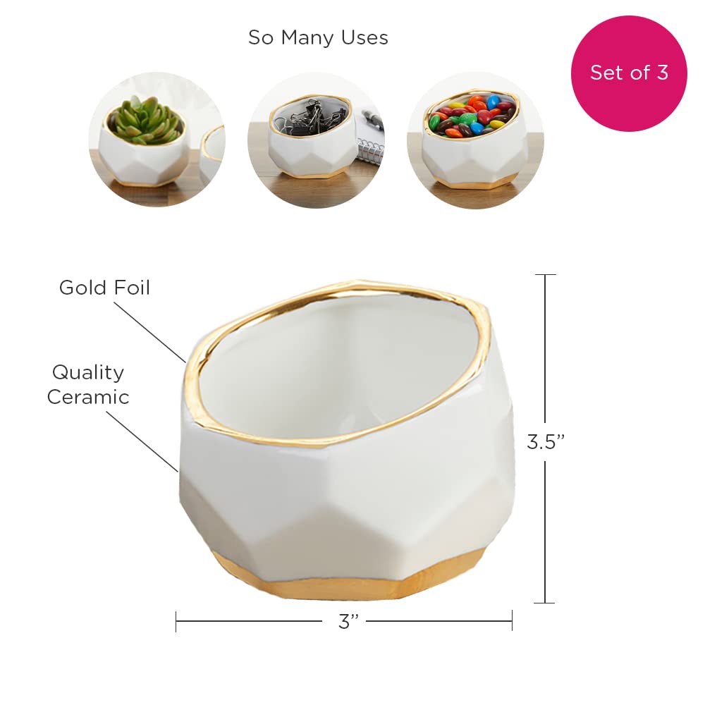 Kate Aspen Geometric Ceramic Planters, Mini Decorative Bowls (Set of 3) Small- Succulent Pots, Modern Decor, Shelf Decor, Desk, Table Décor, White