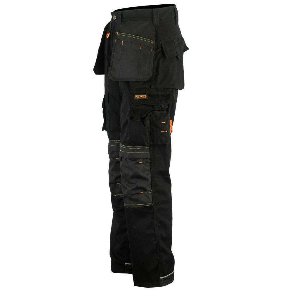 WrightFits Men Holster Work Trousers Black - Heavy Duty Safety Combat Cargo Pants - Multi Pockets - Knee Pad Pockets - Triple Stitched - Durable Workwear (32W X 29L)
