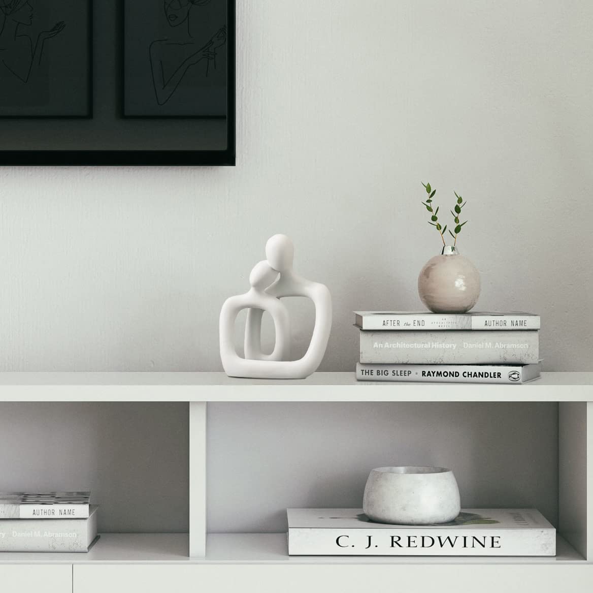 BANOMII Abstract Couple Statue, Minimalist Couples Bedroom Decor, White Hugging Lovers Sculptures Modern Home Office Decor Accents, TV Stand Decorations for Living Room Aesthetic, Desktop Figurine