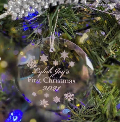 Personalized Crystal “First Christmas” Ornament – 3 in Round Keepsake with Gift Box & Ribbon – Custom Name & Year Baby, Couple or Family