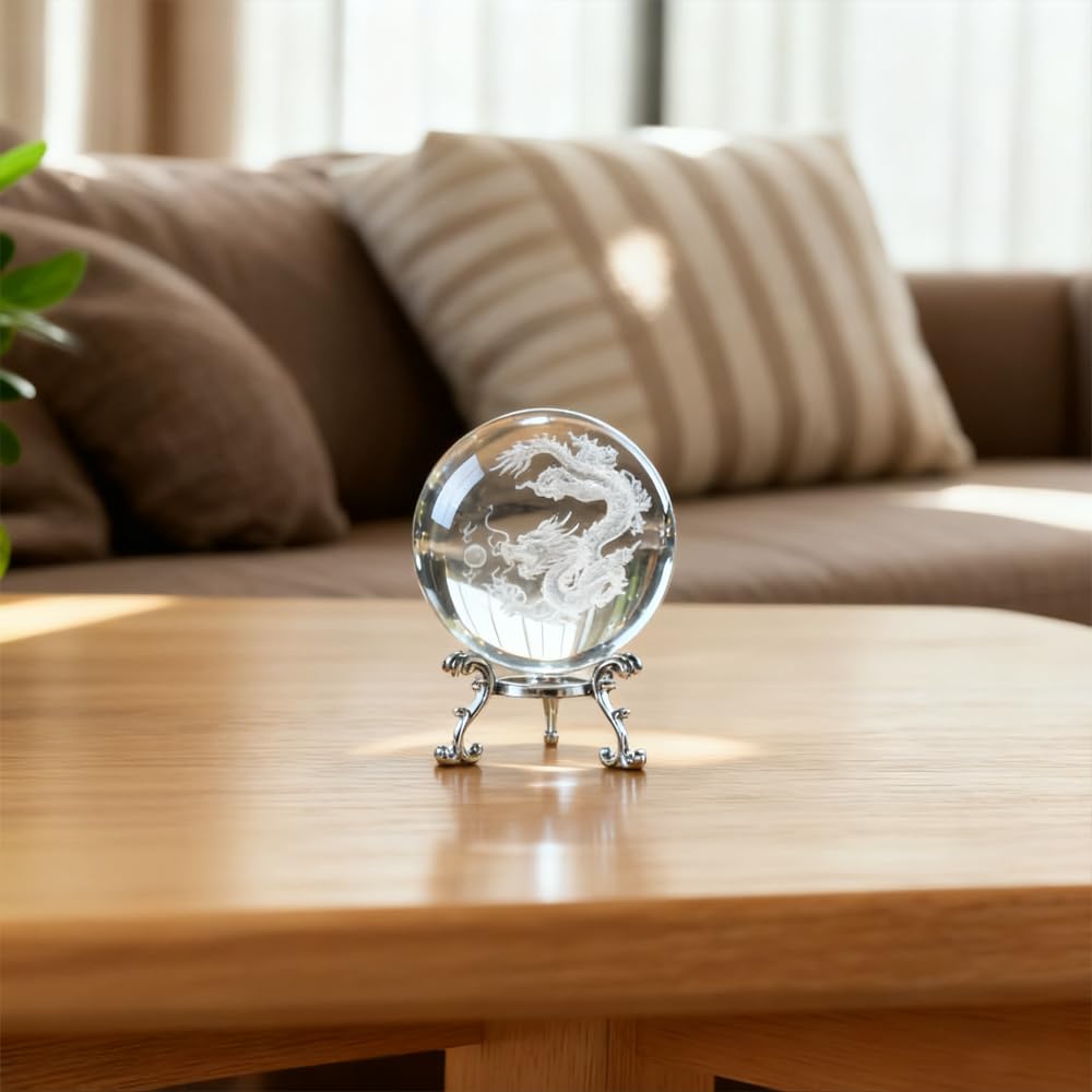Aprbella 3D Engraved Chinese Dragon Crystal Ball - Fengshui Dragon Decor Statue Figurine, Chinese Decor for Home Office, Housewarming Gift
