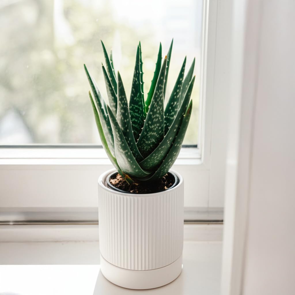 HERDUK Small Plant Pots, 4 Inch Pots for Indoor Plants, Modern Minimalist Ceramic Plant Pots with Drainage Hole & Saucer, White Set of 2