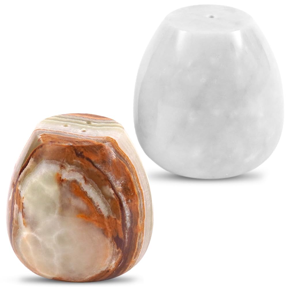 Earthen Crafts Marble Salt and Pepper Shakers Set of 2 Green Onyx & White 2.3" Inches Salt & Pepper Storage Container, Spice Dispenser for Dining Table Countertop Accessory, Kitchen, Home, Restaurant
