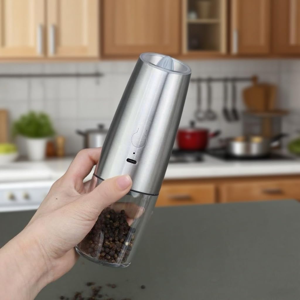 Electric Gravity Activated Salt and Pepper Grinder, Stainless Steel, Automatic Battery Operated; USB Rechargable, Adjustable Coarseness, One-Handed Operation with LED Light