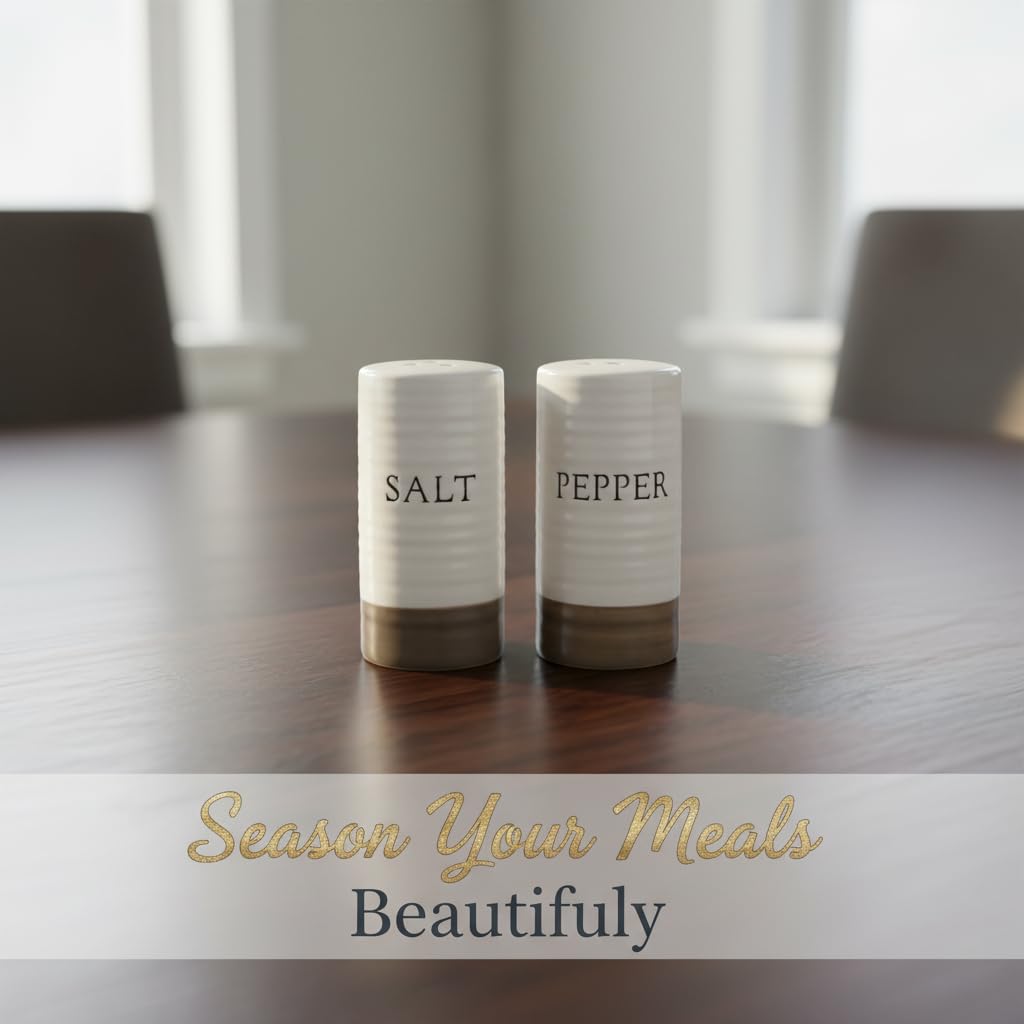 Young's Inc. Farmhouse Mini Ceramic Salt and Pepper Shaker Set - Cute Kitchen Table Accessories and Decor, Small 3-Inch Modern White Rustic Dining Table Decor for Everyday Dining and Gift Giving