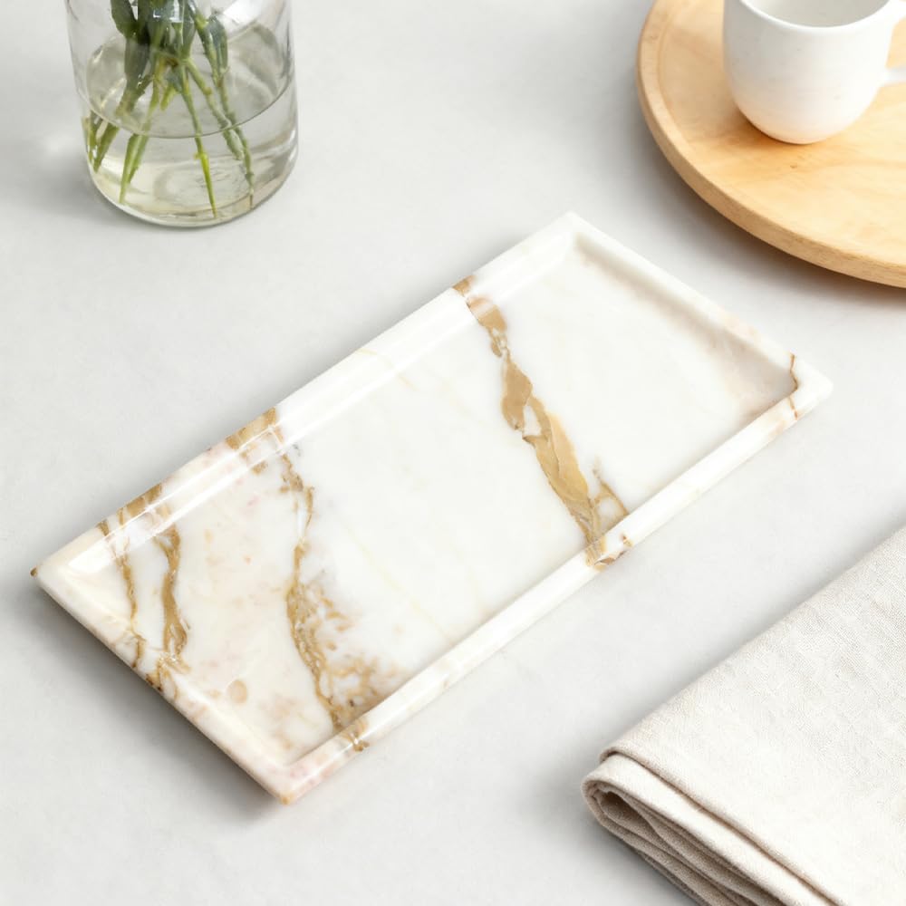 DUANYAN Natural Marble Tray for Kitchen Counter Living Room, Stone Plate for Fruit Jewelry Perfume Cosmetics Key, Decorative Tray for Table Decor (Calacatta-Glod/Rectangular 11.8"x5.9"x0.7")