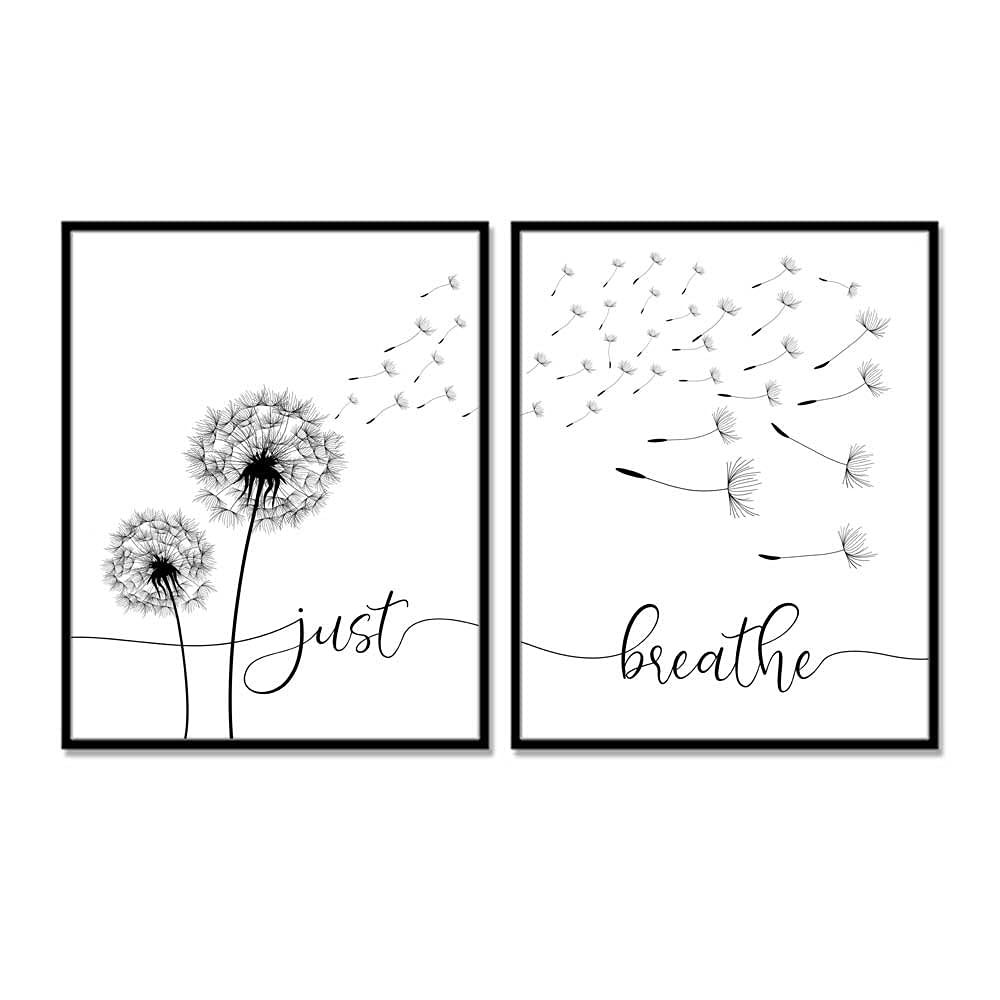 WCDHOR Just Breathe Wall Art Prints Set of 2, Dandelion Quote Posters, Minimalist Bedroom Decor for Yoga Room, Meditation Corner, Living Room, Office, Apartment, 11x14 Unframed