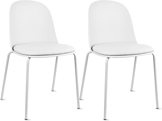 2xhome Modern Stackable Armless Dining Chair | Plastic Shell Seat with Metal Legs | Indoor or Outdoor Use | Home Kitchen Patio (2, White, Padded Seat)