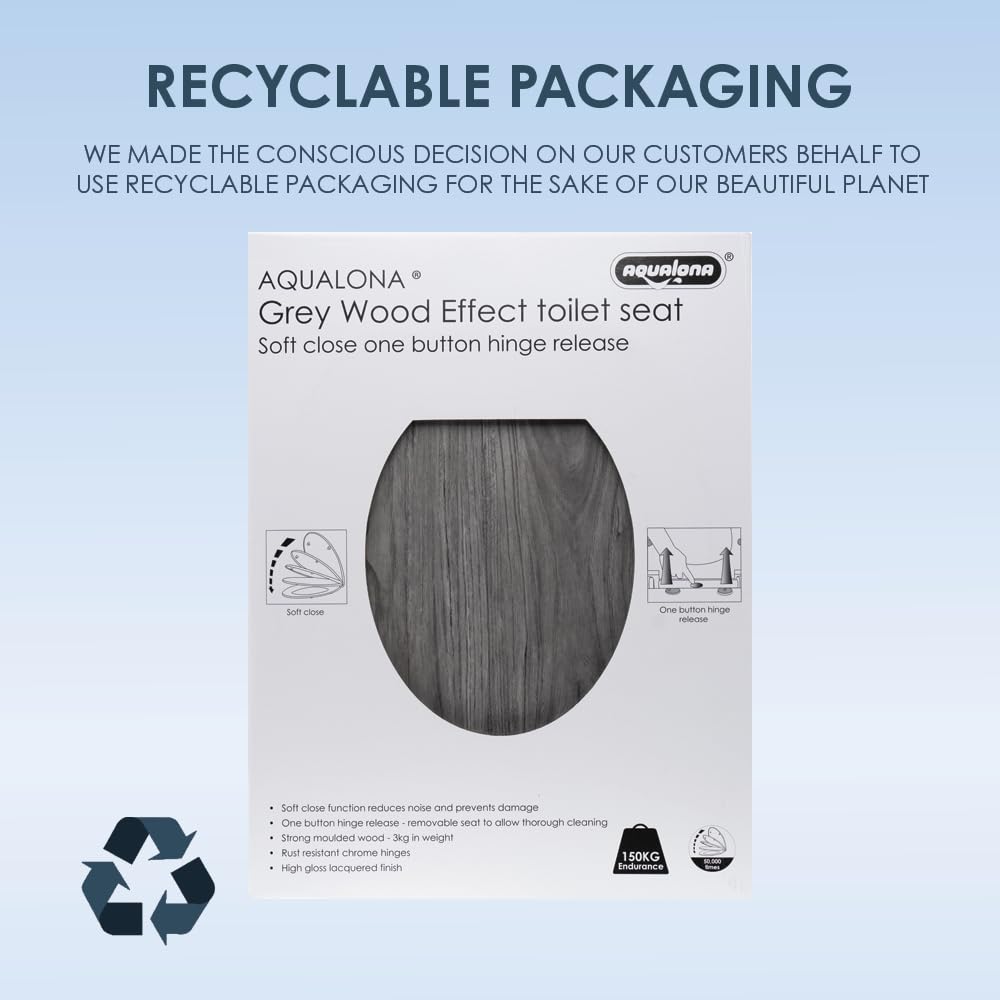 AQUALONA® Luxury Grey Oak Effect Toilet Seat - Soft Close MDF Moulded Wood Seat with Quick Release Button and Durable Hinges - Comfortable, Easy to Clean and Install with Universal Fittings
