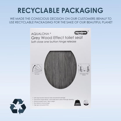 AQUALONA® Luxury Grey Oak Effect Toilet Seat - Soft Close MDF Moulded Wood Seat with Quick Release Button and Durable Hinges - Comfortable, Easy to Clean and Install with Universal Fittings