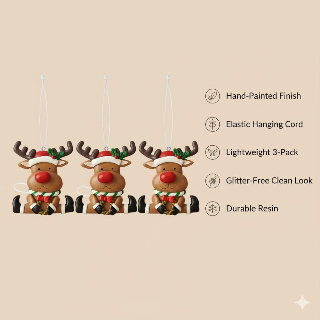 Set of 3 Cute Reindeer Hanging Christmas Tree Ornaments - Hand-Painted Resin Holiday Home Decor & Gift - Durable, Lightweight Xmas Decoration for Family, Friends, Teachers (Deer)