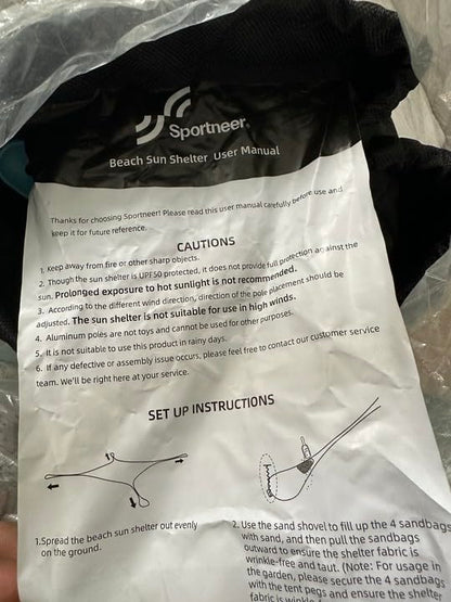 Sportneer Beach Tent, 10x10FT Beach Canopy Sun Shelter UPF50+ with Sandbags, Sand Shovels, Ground Pegs & Stability Poles, Outdoor Beach Shade Canopy for Beach Camping Fishing