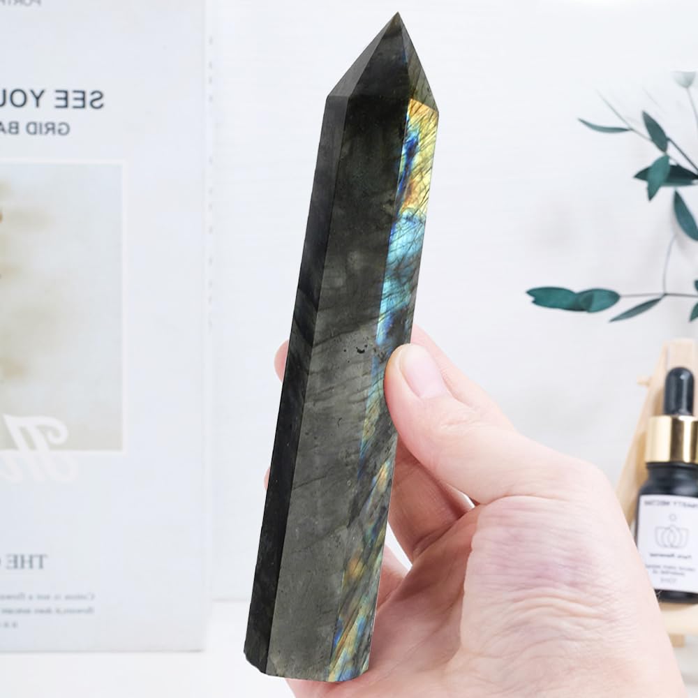 AierCrystal 2pcs Natural Crystal Point Wand Set,Hand-Finely Polished,Meditation Healing Purification,Full-Scenario Decoration Display for Home Office,Holiday Gifting(15cm Big Wand 2pcs Labradorite)