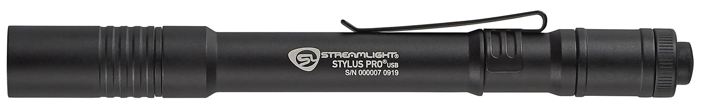 Streamlight 66133 Stylus Pro USB 350-Lumen Rechargeable Penlight with 120V AC Cord, Nylon Holster, Black