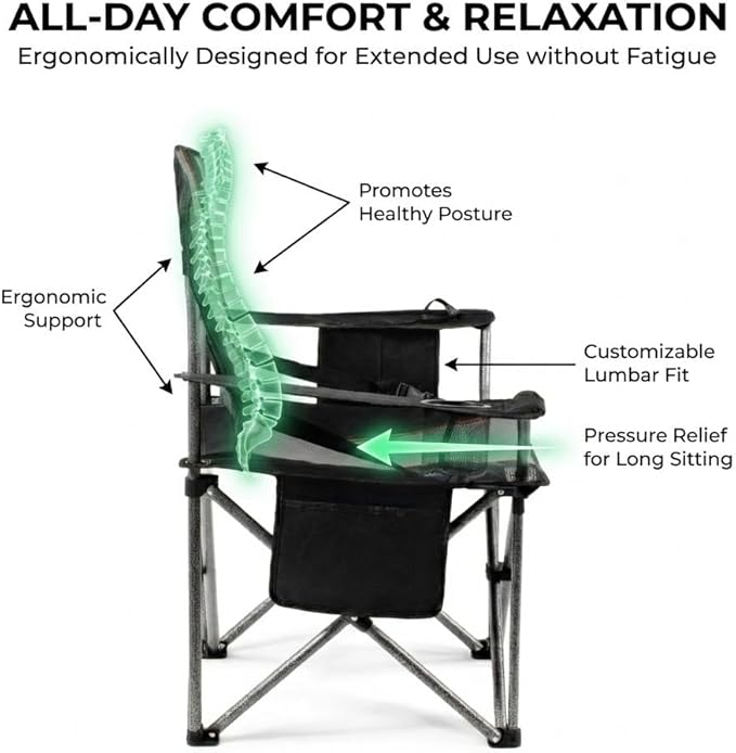 FAIR WIND Heavy Duty Camping Chair, Oversized Padded Folding Chair for Big and Tall (450lbs), Extra Wide Seat with Integrated Cooler & Storage Pocket, Adjustable Lumbar Support for Outdoor