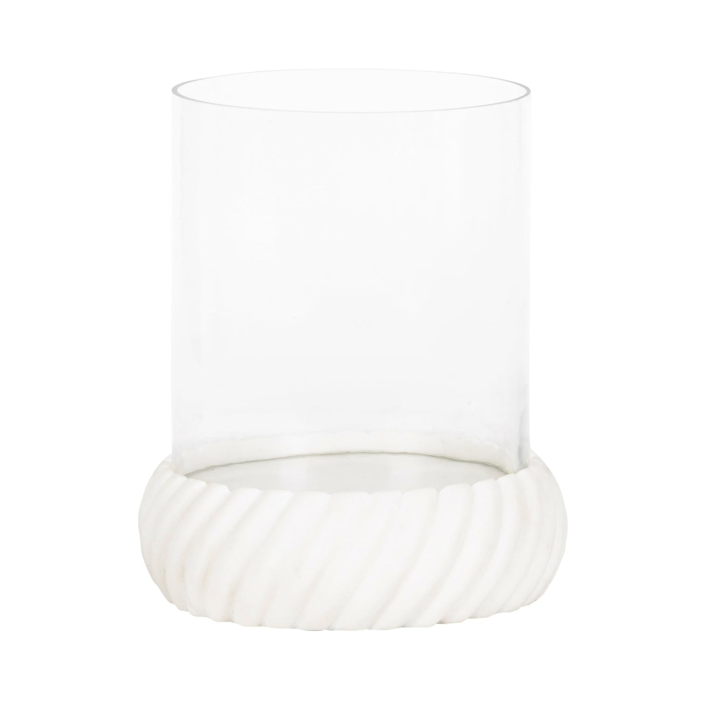 Kate and Laurel Trenza Modern Marble Candle Holder with Glass Cylinder, 8 x 8 x 9, White Marble, Transitional Twisted Base Pillar Candle Holder with Hurricane for Entryway or Living Room Decor