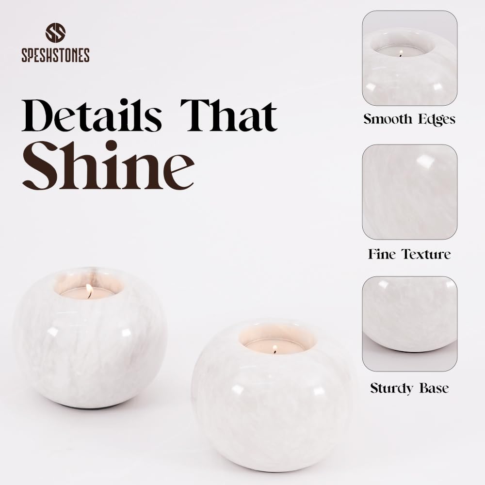 SPESHSTONES Marble Tealight Candle Holder 4 Inch White Votive Candle Holders for Centerpieces Dining Table & Small Tea Lights Candles Set of 2 for Birthday & Wedding Decor