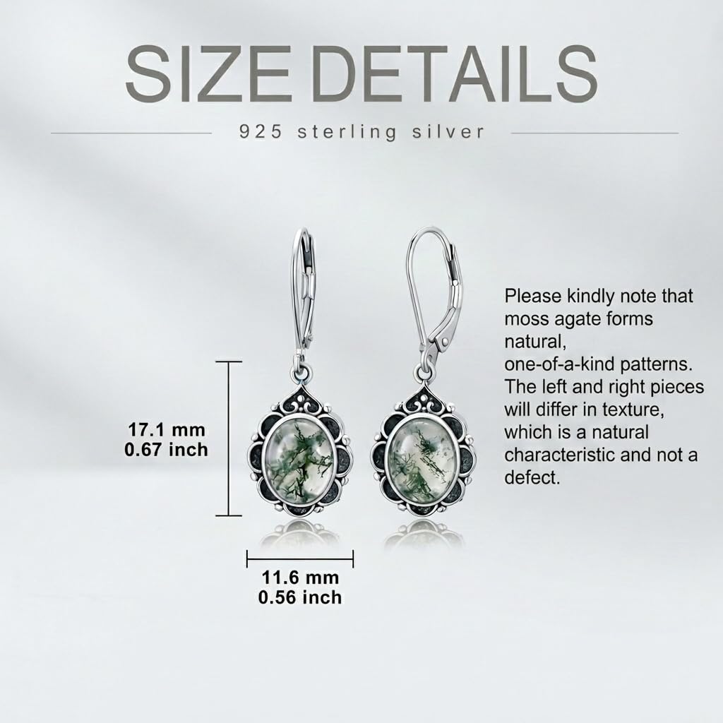 Moss Agate Drop Earrings for Women 925 Sterling Silver Vintage Oval 9x7mm Filigree Leverback Dangle Earrings, Gothic Victorian Antique Jewelry Gifts