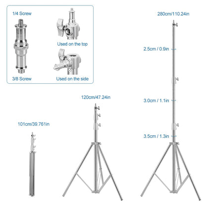 Heavy Duty Light Stand Tripod Stand for Photography, 9.19 Feet/2.8m Stainless Steel Light Tripods for Softbox, Speedlight, Strobe Light, Umbrella - Pack of 2