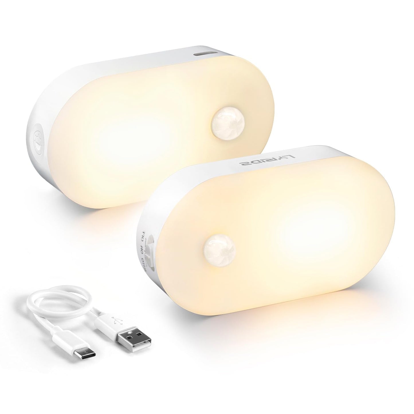 Lyridz Dimmable Night Light with Motion Sensor, Warm White LED Night Light, Battery, Rechargeable, USB-C, Self-Adhesive Cabinet Lighting, Orientation Light for Children's Room, Bedroom, Kitchen,