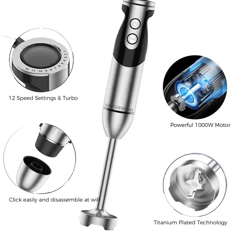 MegaWise Pro Titanium Reinforced 3-in-1 Immersion Corded Hand Blender, Powerful MOTOR with 80% Sharper Blades, 12-Speed Corded Blender, IncludingWhisk and Milk Frother (3-in 1 Red)