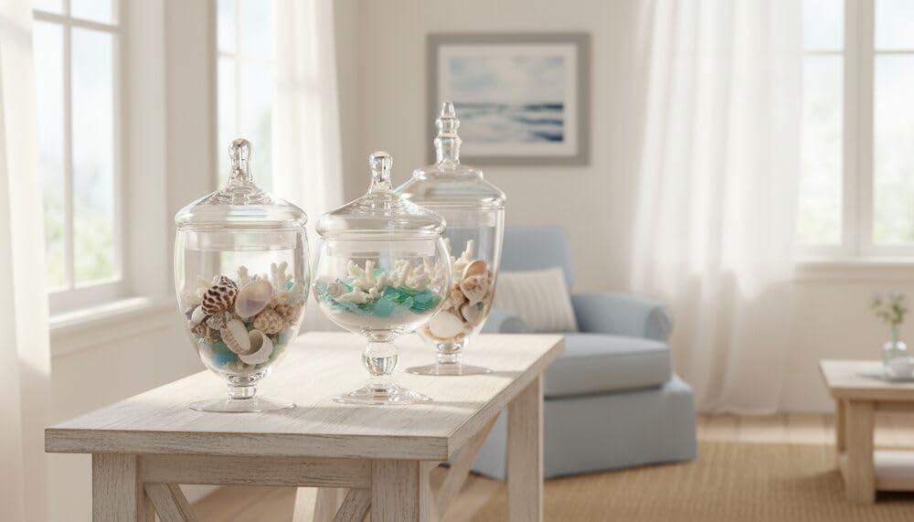 Elements Clear Glass Apothecary Jars with Lids, Set of 3 - Decorative Storage Jars for Home, Kitchen, Bathroom - 10, 9.5, 8.5 Inch Handcrafted Display Jar Set
