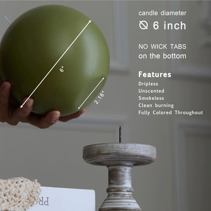 MOZEAL Hand-Poured, 6 Inch Olive Green Large Round Ball Candles - Elegant Olive Green Round Pillar Candles, Dripless, Unscented, Smokeless, Ideal for Autumn Gatherings.