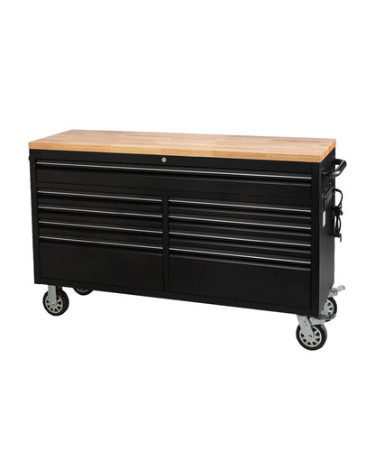 61-Inch Heavy-Duty Rolling Tool Chest & Mobile Workbench with 9 Drawers, Rubber Wood Top, Locking System, Wheels for Garage, Workshop, Warehouse Storage, Tool Cabinet