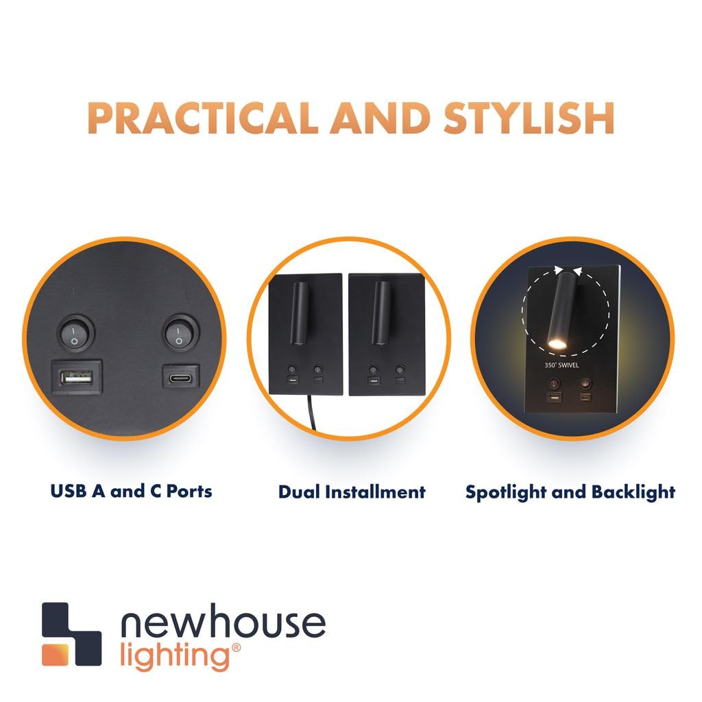 Newhouse Lighting 5 in. W x 9 in. L Vera Spotlight Reading Light in Matte Black with USB-A and USB-C Charging Ports NHRL-VE-BLK, Bedside Lamp for Nightstands, Space-Saving Office Desk Accessory