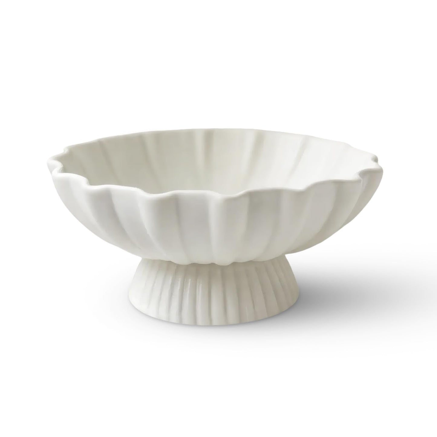 White Pedestal Fruit Bowl for Kitchen Counter, 9-Inch Ceramic Centerpiece Bowl with Fluted Texture, Modern Farmhouse Coffee Table Decor for Dining Table,Entryway Key Bowl, HouseWarming Gift