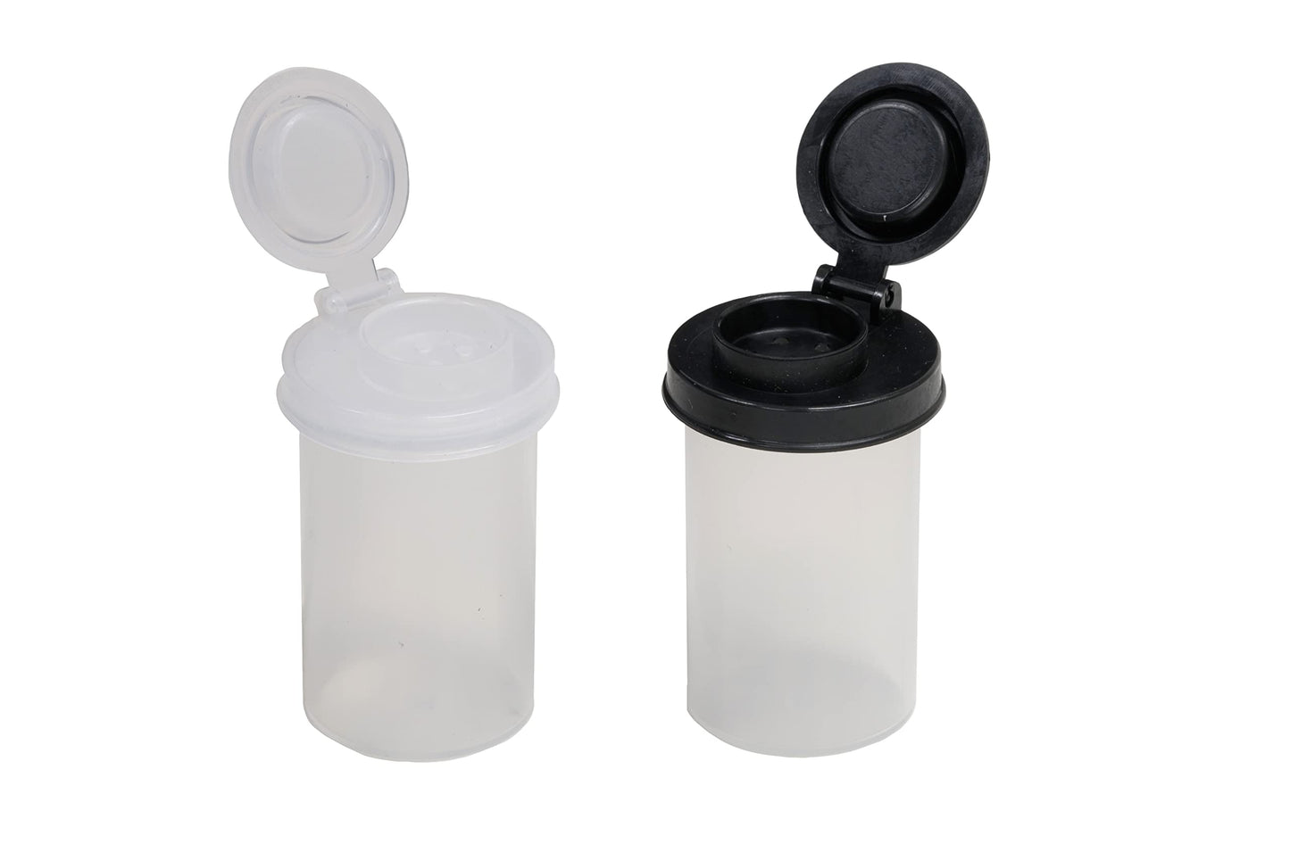 BRAZZA Salt and Pepper Shakers Moisture Proof Set, Perfect to go Camping Picnic Outdoors Kitchen Lunch Boxes Travel Spice Set Clear with Black Lids Plastic Airtight Jar Dispenser 5 small