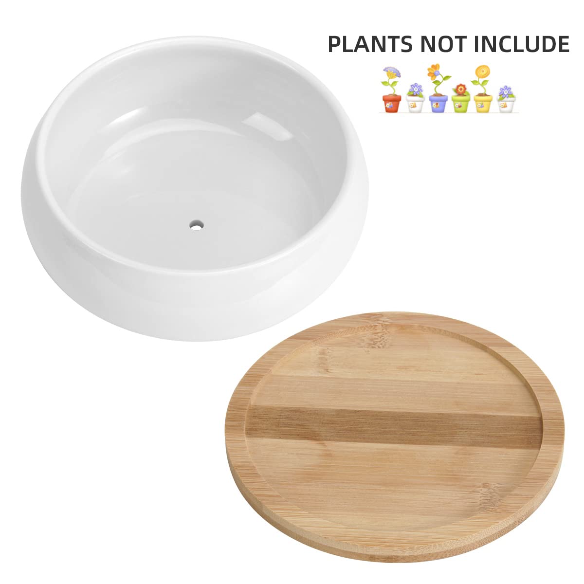 ZOUTOG 2 Pack Succulent Pots, 6 inch Ceramic Planters for Indoor Plants with Bamboo Tray, Pots with Drainage, Seeds＆ Plants Not Included