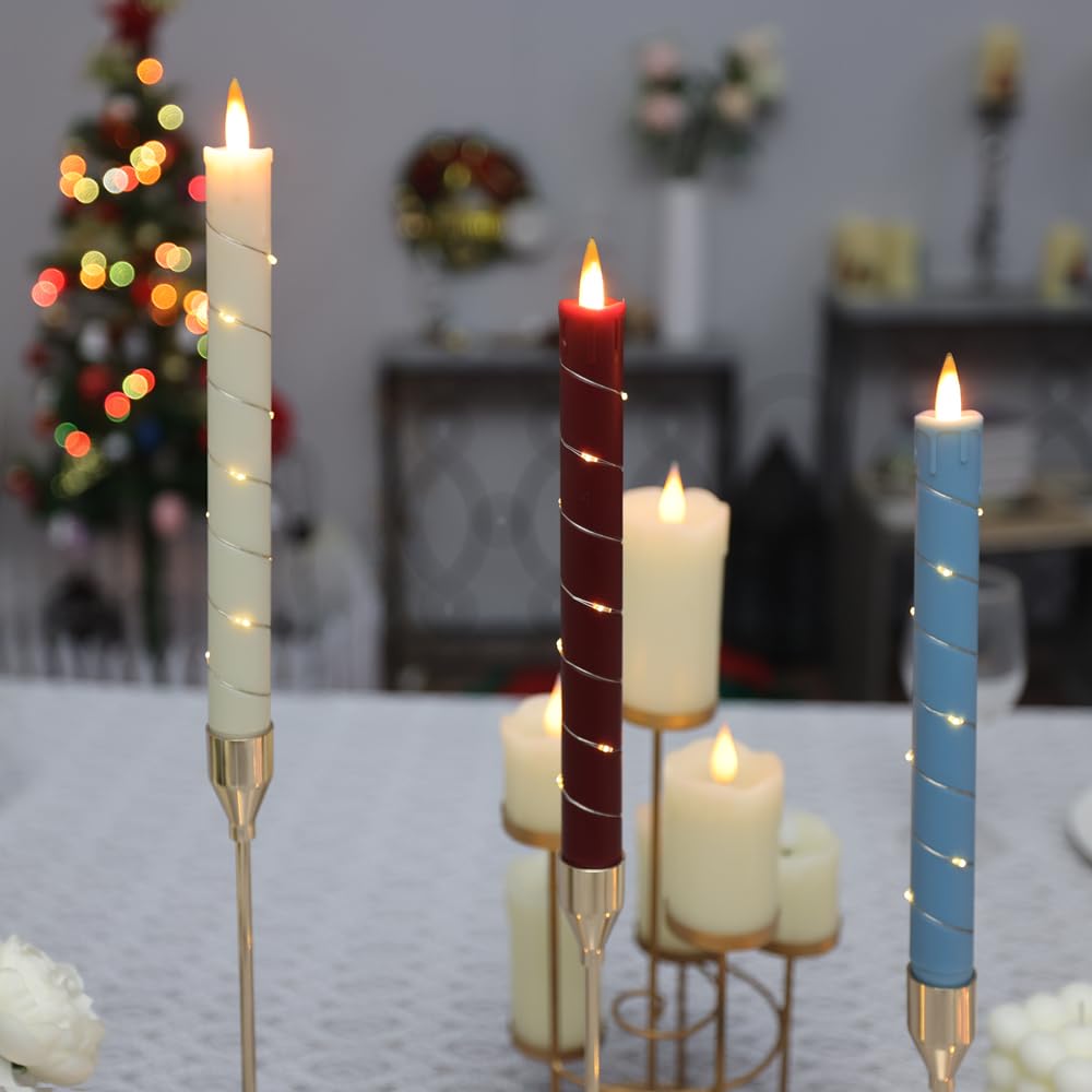 Flameless Cone Candle with Built-in Star String Light, 11-Button Remote Control, Timer, Battery Powered, Simulated Flame, 3-Pack Window Candle, Christmas Home & Wedding Decoration (White, red, Blue)